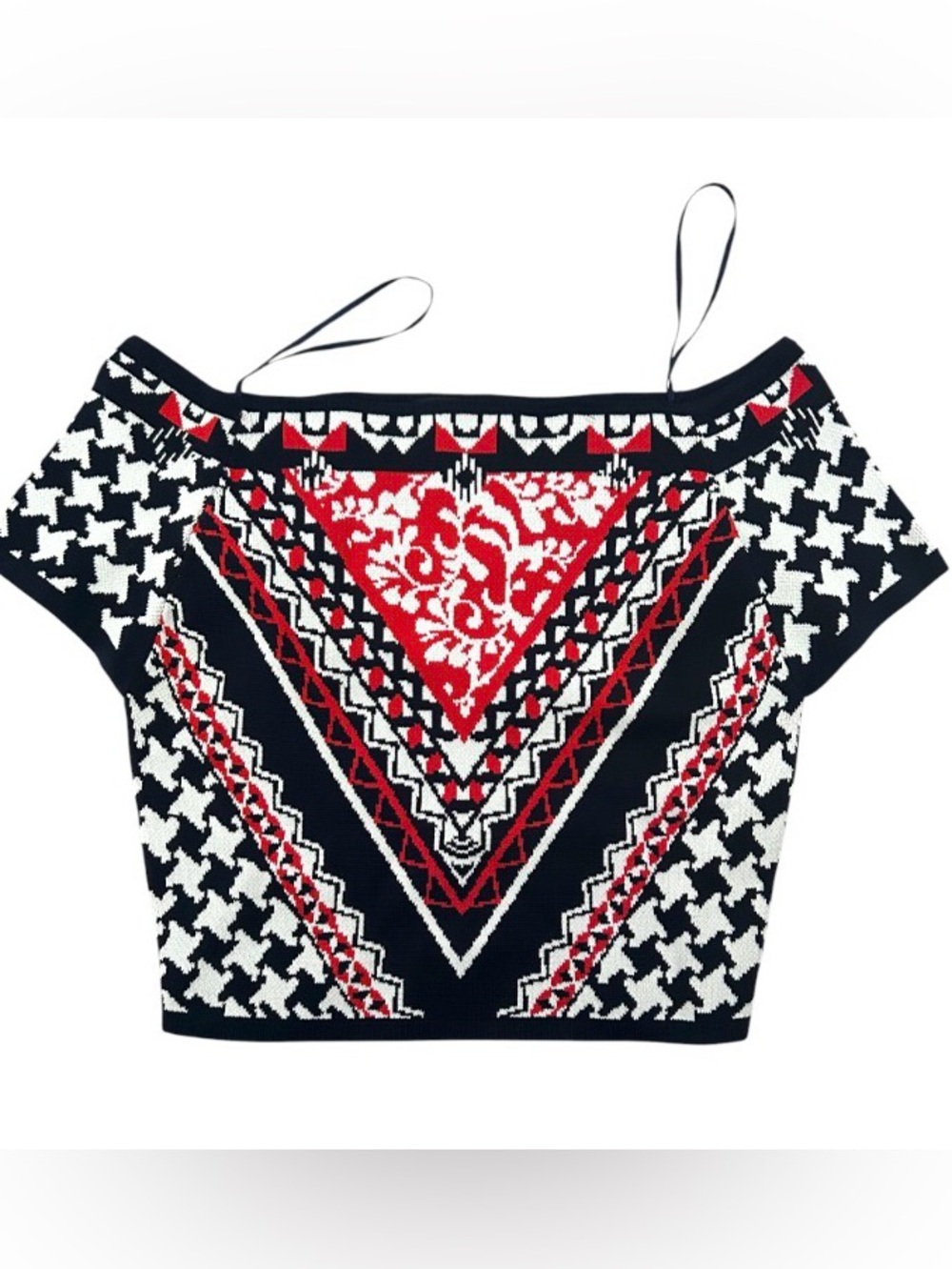 Jealous Tomato off-shoulder Geometric knit crop top Navy Red White Size S